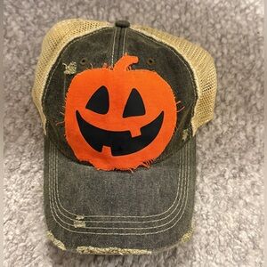 Halloween Hat Black Trucker w Orange Pumpkin Patch Distressed SnapBack Cap